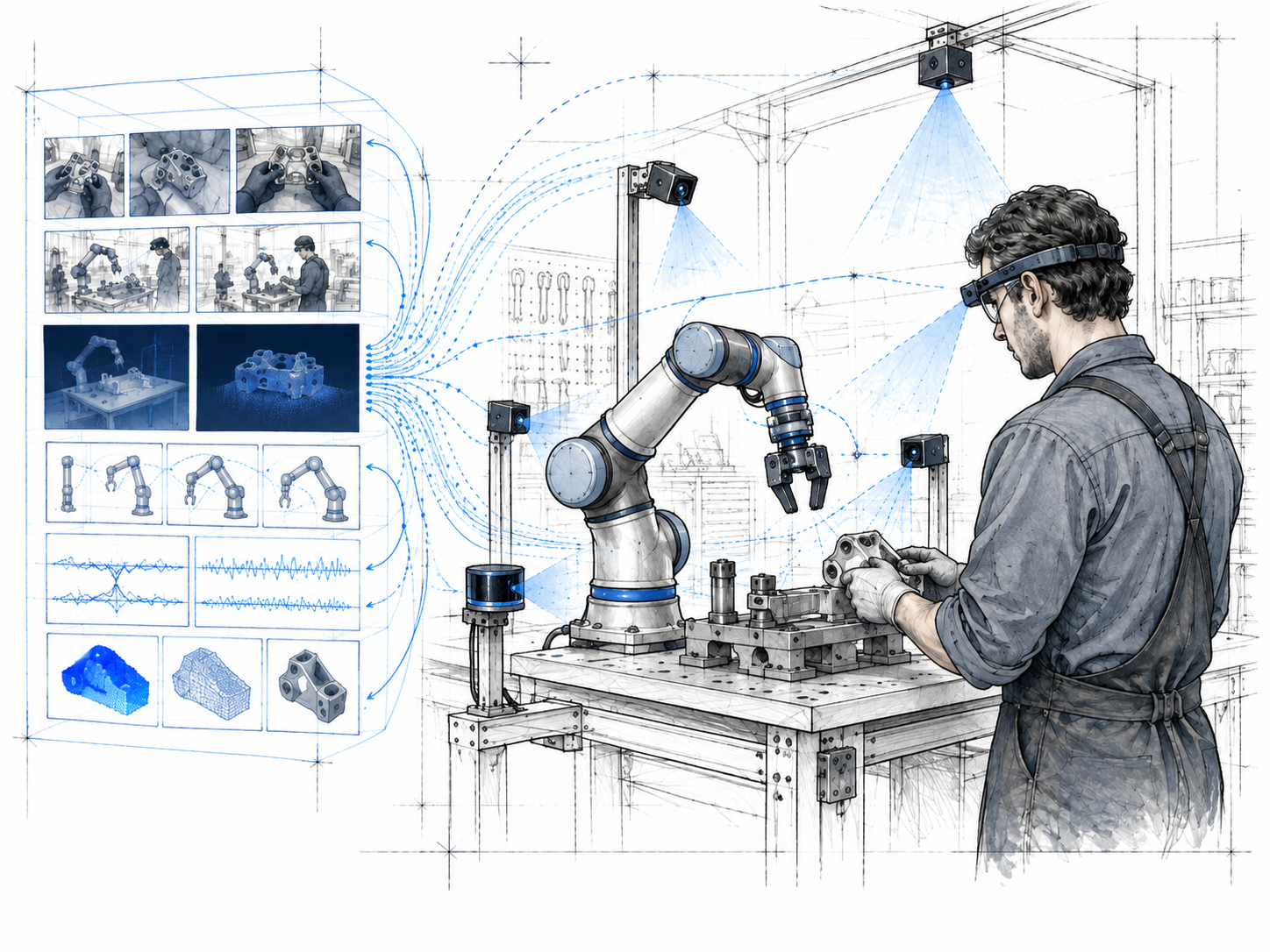 Technical blueprint of a worker and robotic arm collaborating in an instrumented industrial cell