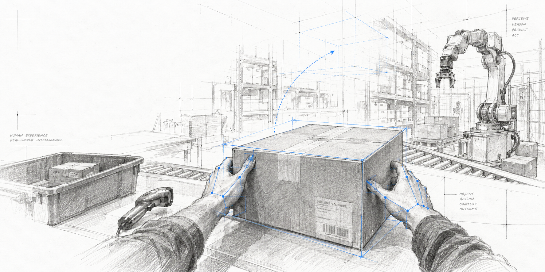 Technical sketch: first-person view of two hands lifting a labeled box in a warehouse, with tracked hand keypoints, a wireframe bounding box, a predicted motion arc and a robotic arm nearby