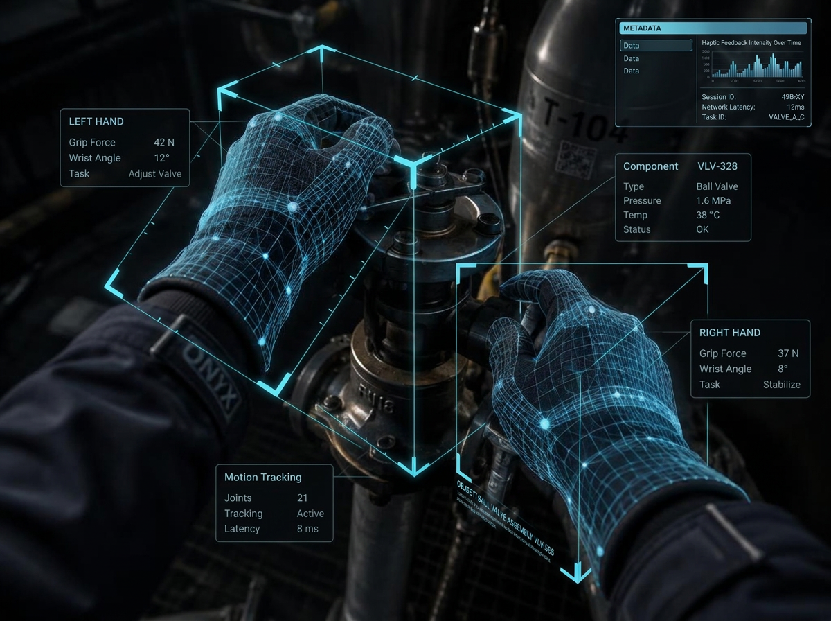 First-person view of two gloved hands adjusting an industrial valve, overlaid with motion-tracking wireframes and data labels
